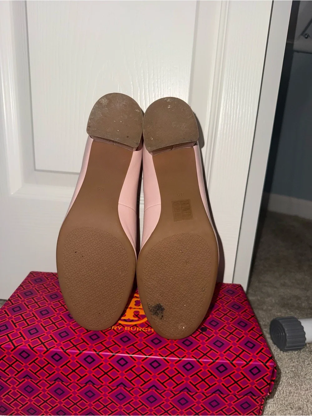 Tory Burch Pale Pink Leather Block Heel Pumps with Gold Logo